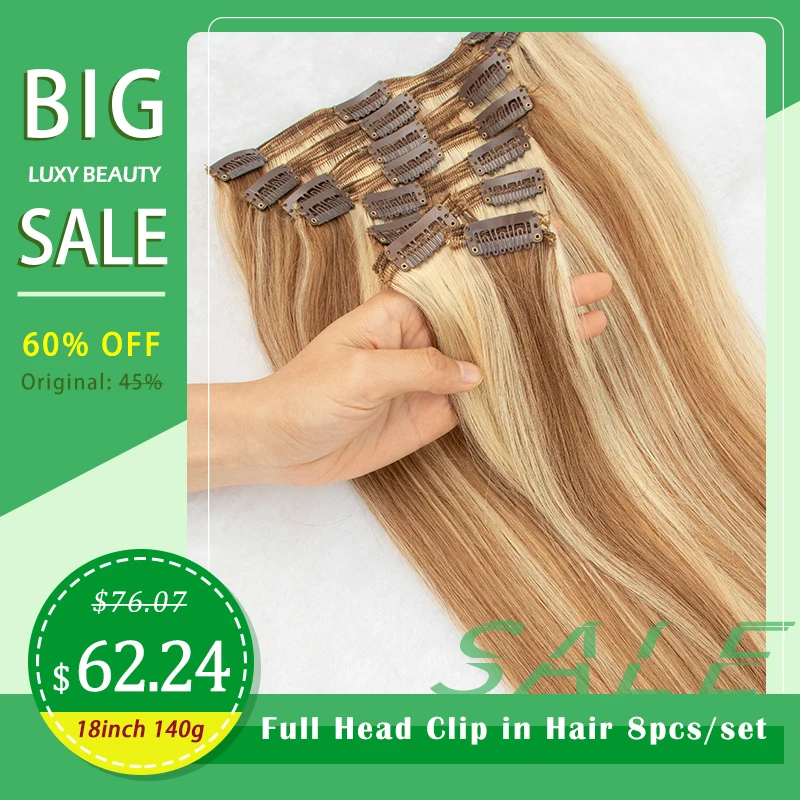 

Full Head Clip in Hair Extensions Brazilian Human Hair Non-Remy Straight P6/613 Blonde Brown 8pcs/set Clip On Hair Extentions
