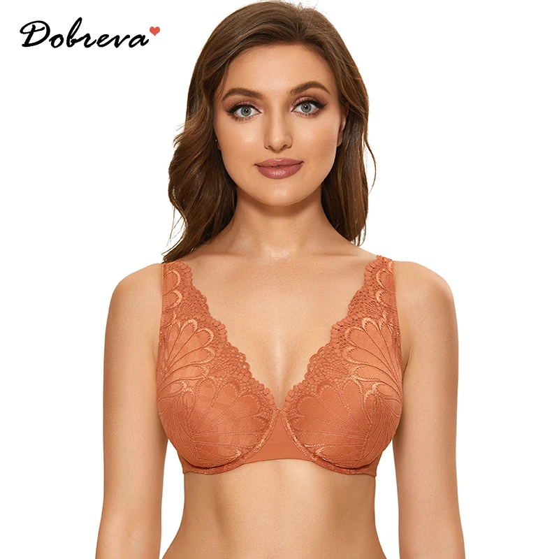 DOBREVA Women's V-neck Unlined Lace Bra Plus Size Underwire Bralette Sexy See Through Minimizer