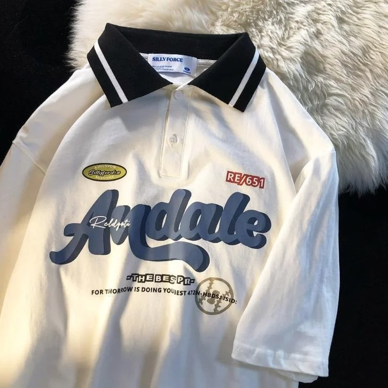 

American Japan Style Retro Polo Shirt Short Sleeve T-shirts Summer High Quality Cotton Material Harajuku Teens Large 2XL Clothes