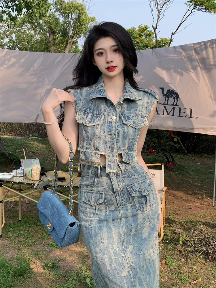 

Y2K Vintage Denim Two Piece Set Women Sleeveless Vest Hole Top Streetwear + High Waist Skirts Korean Harajuku Female Suits