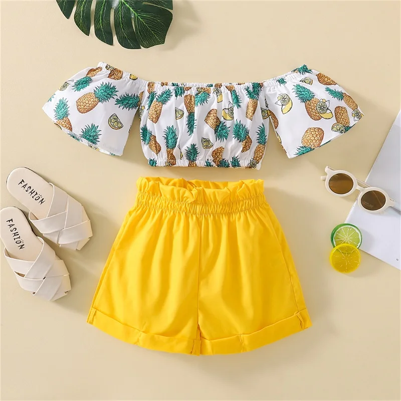 

Toddler Girls Two Piece Set Off Shoulder Pineapple Lemon Pattern Print Tops Elastic Waist Shorts 2pcs Outfits for 1-6Y