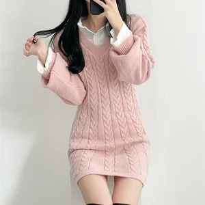 Sweet Retro Waist V Neck Long Sleeve Pink Twist Dress Mini Vestidos Mujer Solid Wild Knit Lady Clothes Temperament Korean