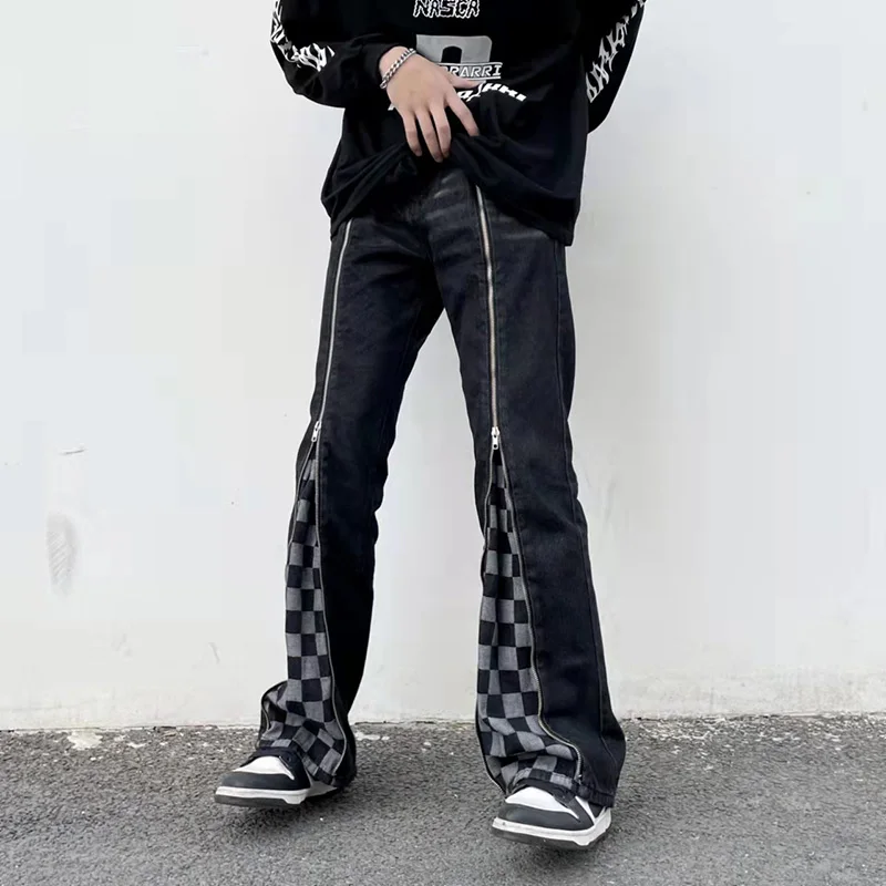 

Front Long Zipper Checkered Patchwork Streetwear Retro Mens Jeans Washed Straight Oversize Ripped Casual Denim Trousers