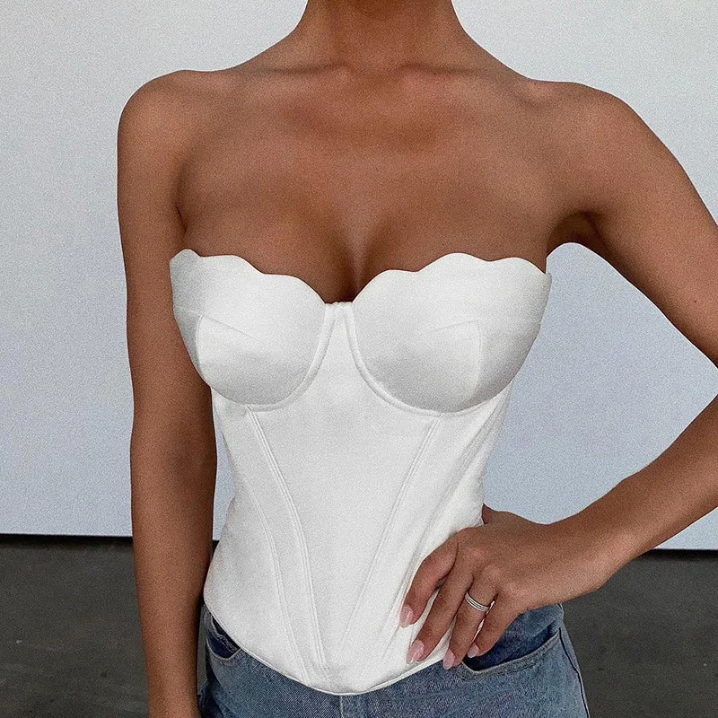 

Новинка 2022 атласный корсет Топы без бретелек Летняя одежда в форме панели с открытыми плечами пикантные укороченные женские топы-трубы для ...