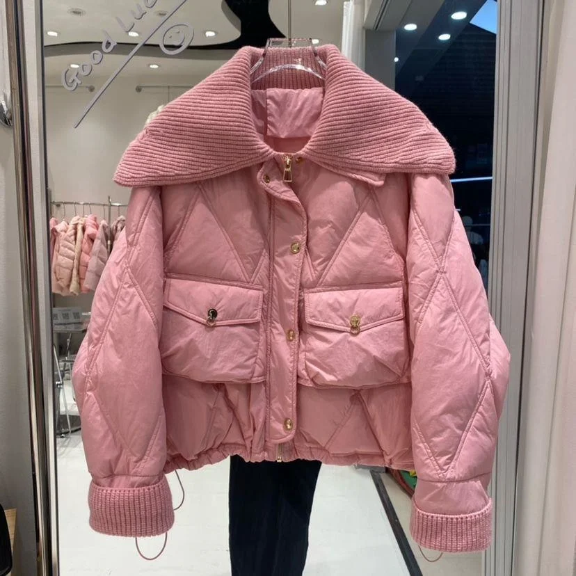 

2023 зимний бриллиантовый клетчатый свободный белый утиный пух корейская мода большая заколка для воротника поло