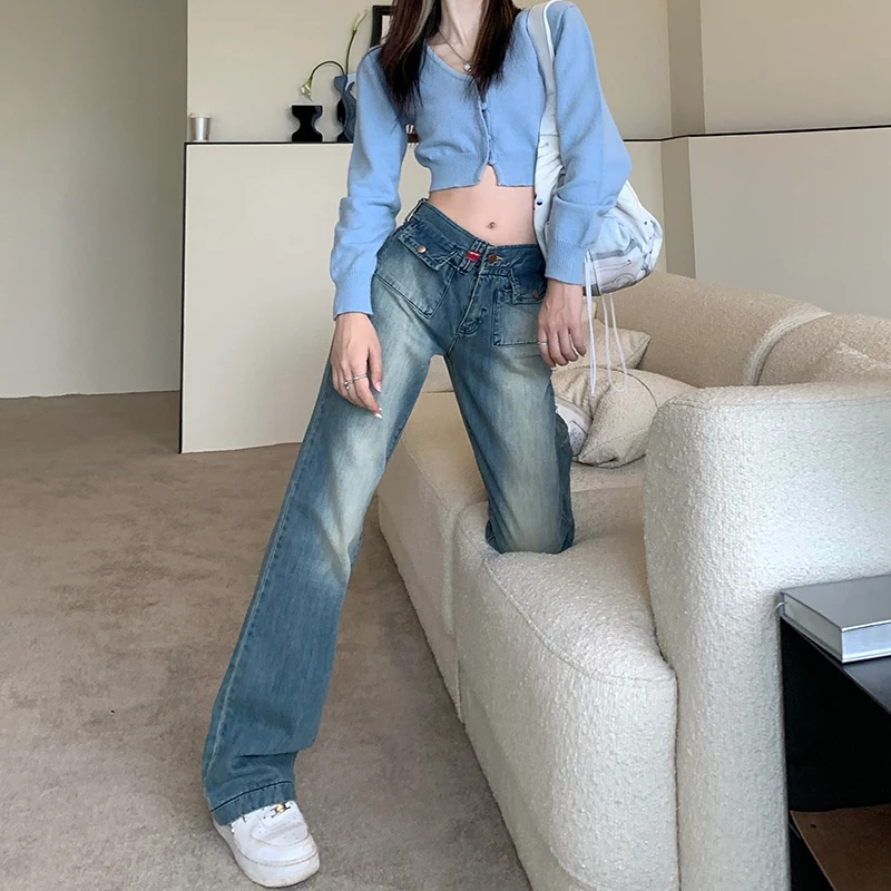 

DD1755 New Fashion High Waist Wide Leg Pants Pocket Blue Straight Trousers Jeans