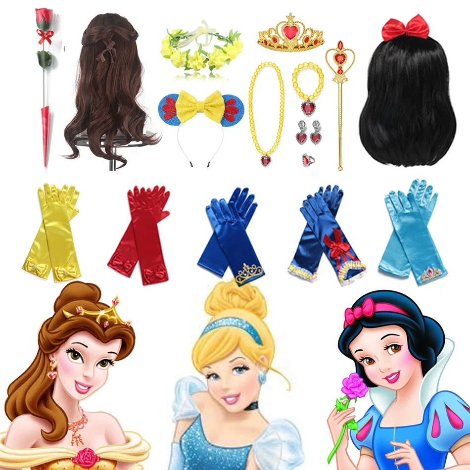 Disney Princess Accessories Gloves Wand Crown Jewelry Set Wig Braid Princess Dress Clothing Cosplay Belle Snow White Cinderella