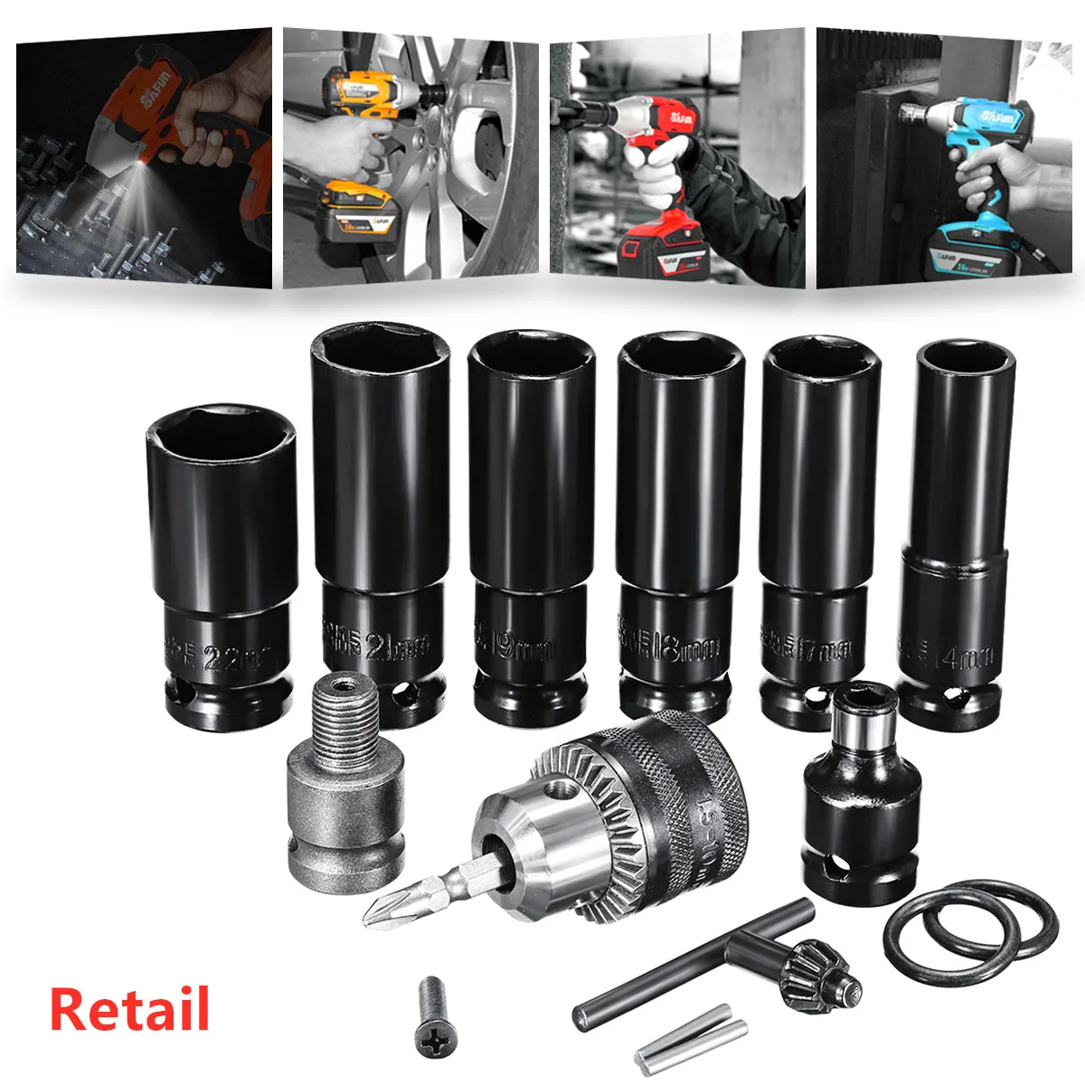 10pcs 14-22mm Electric Impact Wrench Hexs Socket Head Set Kit Drill Chuck Drive Adapter SET for Electric Drill Wrench Screwdrive