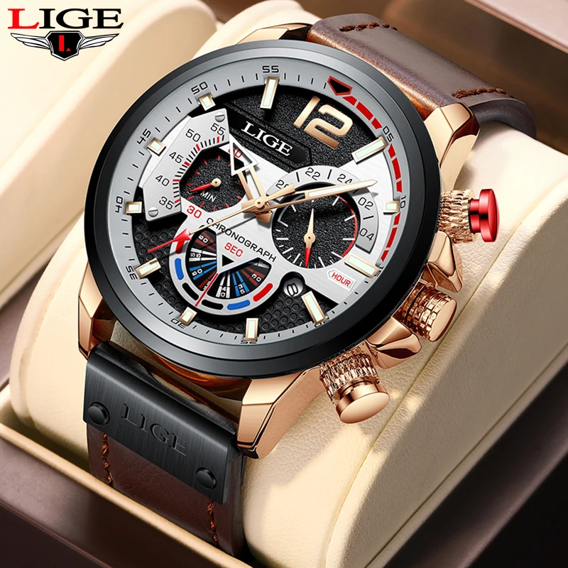 

Часы наручные LIGE мужские с кожаным ремешком, брендовые Роскошные Кварцевые модные дизайнерские водонепроницаемые, синие, 2022