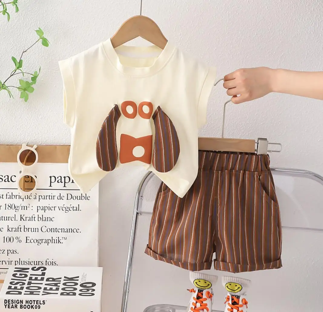 

Дизайнерский Детский костюм без рукавов, летний детский мультяшный жилет с щенком и шорты в полоску, спортивный костюм для детей, одежда для мальчиков, наряд