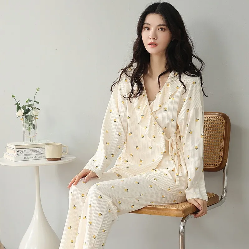 Kimono pajamas, women's spring and autumn cotton strapping, long sleeved cardigan, home clothing set