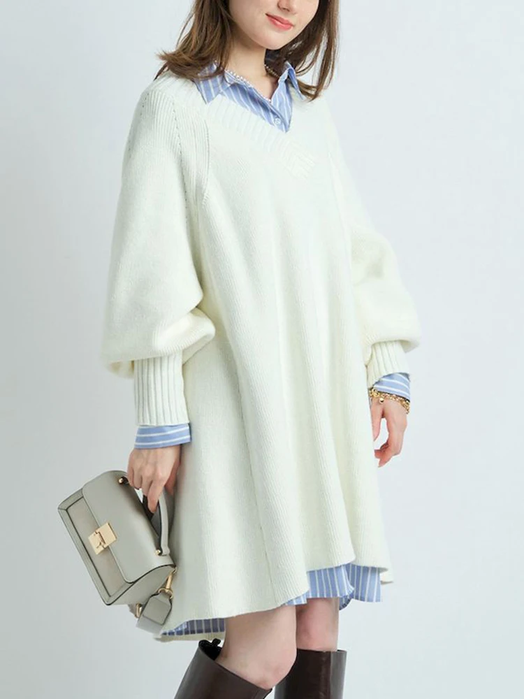 

iYunDo Setup Ladies Spring Sweater Dress Suit Solid Long Sleeves Loose Elegant Mini Dress Knitwear Sets Women Korean Style Jupes