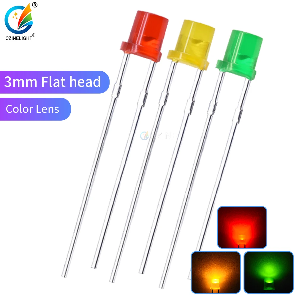 1000pcs/bag Czinelight High Quality Color Lens Diffused 3mm Flat Top Led Light Emitting Diode Red Green Yellow