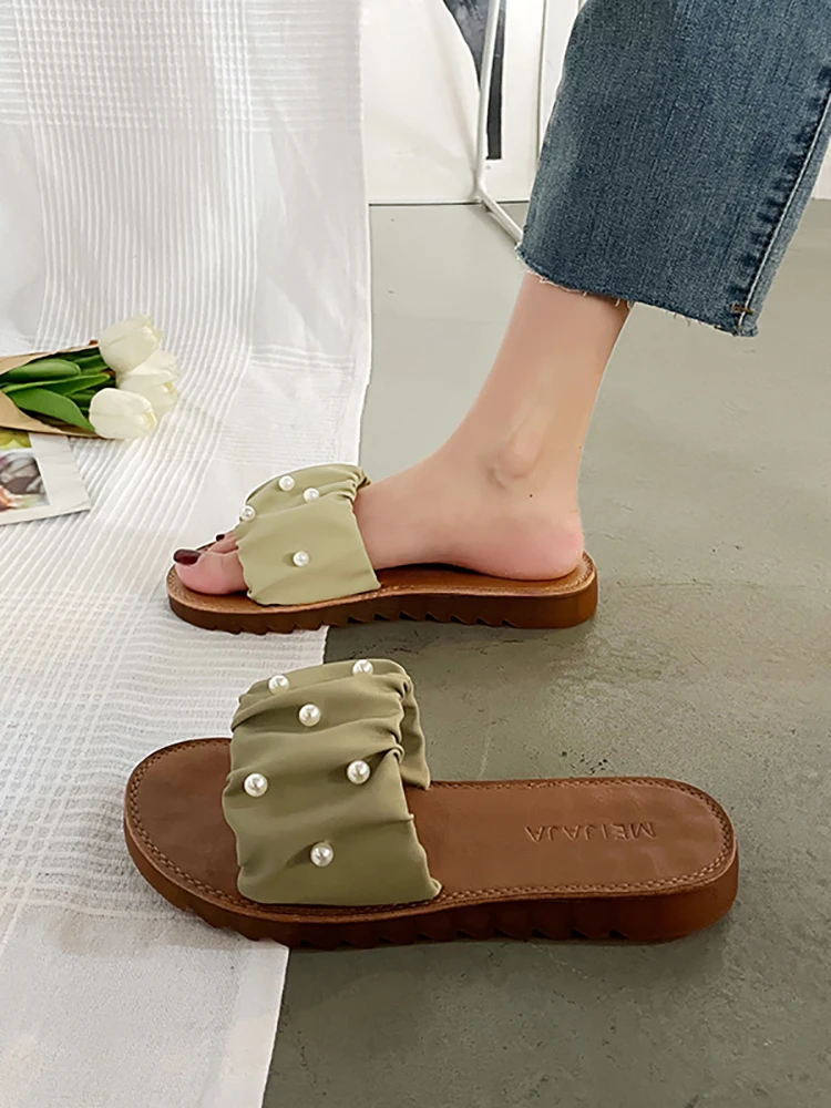 

Beach Shoes Slippers Flat Slides Fashion Med Slipers Women String Bead Platform Sabot Luxury Summer 2022 PU Rubber Basic