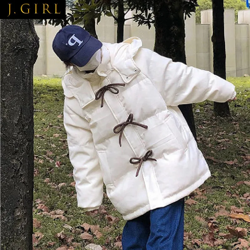 

Women Hooded Parkas Warm Windproof Bow Bandage Zipper Preppy Style Students Thick Bubble Winter Outerwear All-match Ulzzang Coat