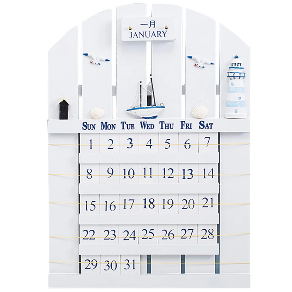 

Wooden Block Calendar Perpetual Wall Calendar Mediterranean Wood Calendar Nautical Wall Hanging Decoration Ornament White