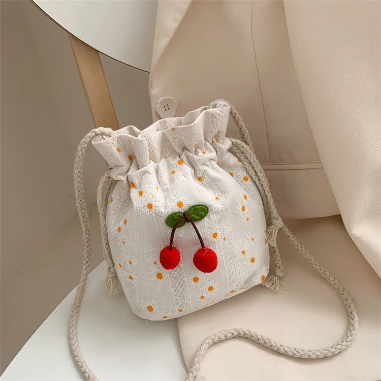 Summer Woven Women's Bag Seaside Holiday Beach Portable Canvas Drawstring Bucket Cute Cherry for Student Girl