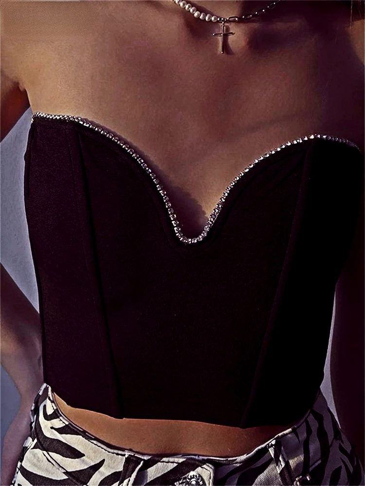 

Nsayey2k Sleeveless Retro Corset Tops Women's Nightclubs Sexy Backless Off-the-shoulder Diamond Black Tube Crop Tops 2022