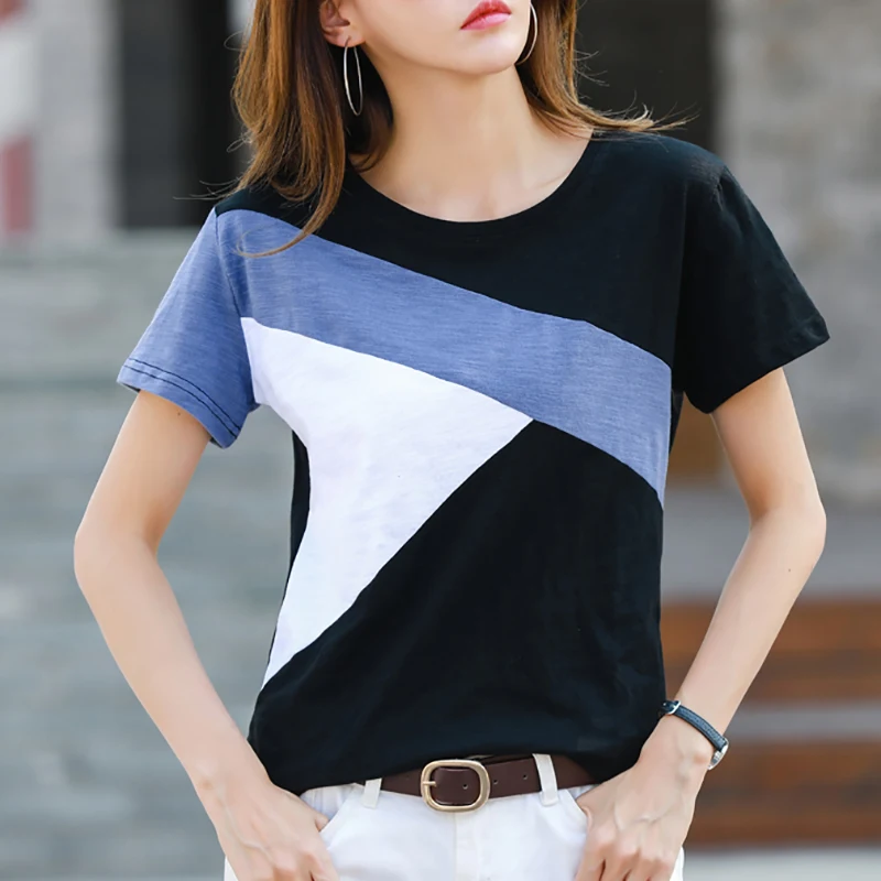 

Tee Shirt 2022 Summer Tops Cotton T Shirt Women Clothing Short Sleeve T Shirts Patchwork Woman Tshirt Casual Camisetas De Mujer