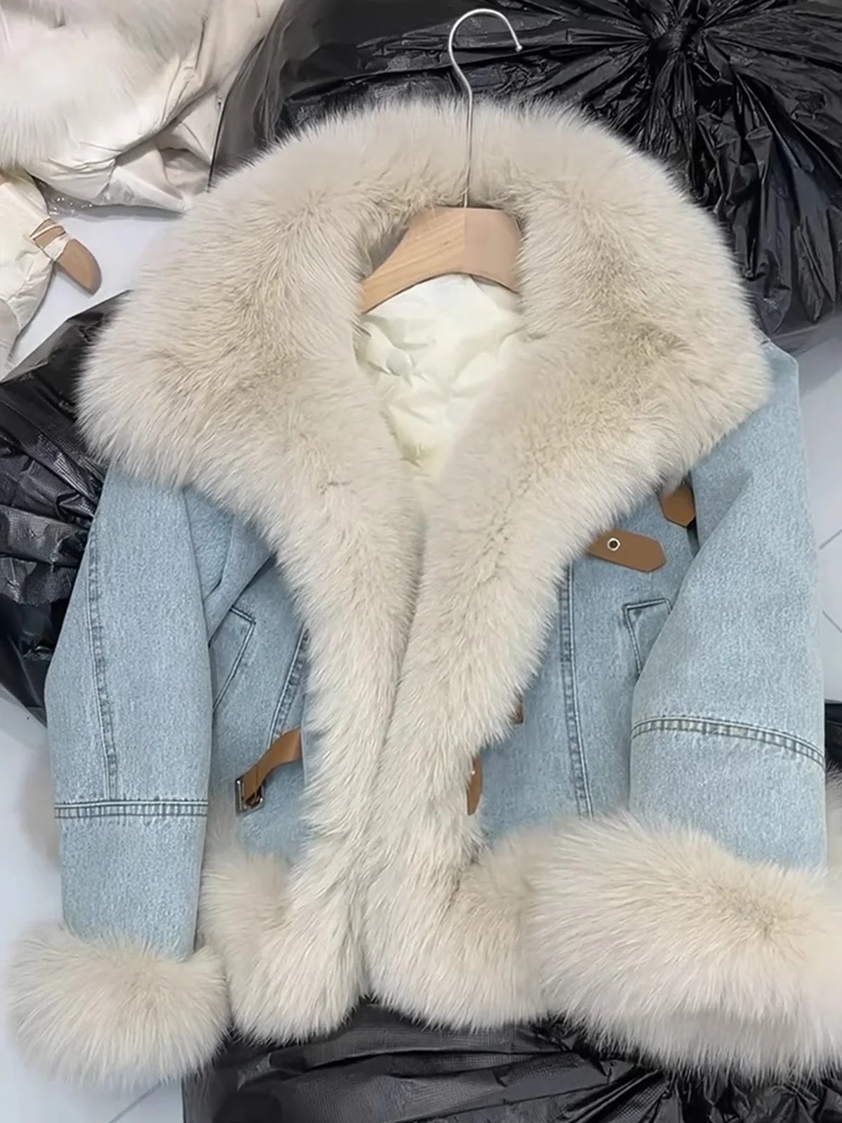 Корейская серия ретро темперамент большой меховой воротник джинсовая меховая