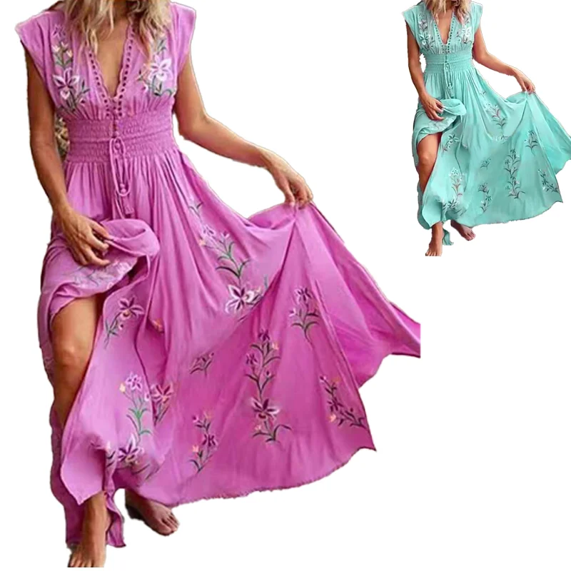 

2023 Fashion Women Sleeveless Deep V Tassel French Beach Dress Wind Bohemian Floral Print Large Hem Elegant Retro Long Skirt