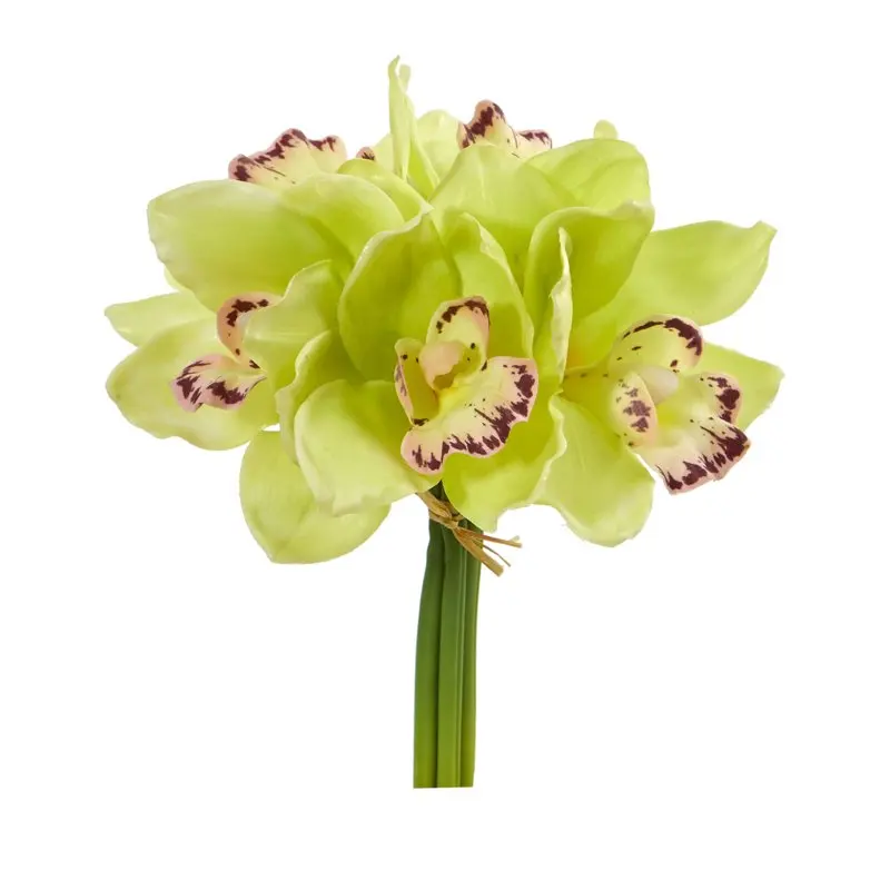 

9in. Cymbidium Orchid Artificial Flower Bundle (Set of 6), Green Wedding Party Vase Home Autumn Decoration Fake Flower
