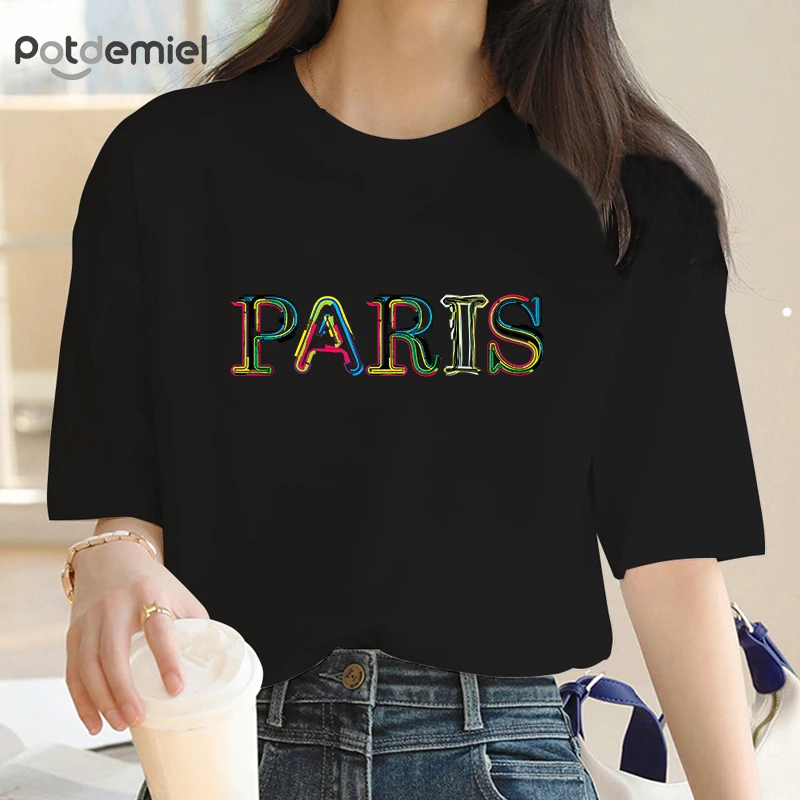 

Paris letter Print ​Women Fashion Clothes T Shirt Short Sleeve Summer 90s Make Up Cute Top Basic Tee Graphic T-shirt