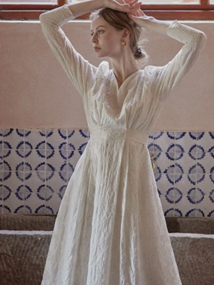 

Женское винтажное платье-миди с длинным рукавом, V-образным вырезом