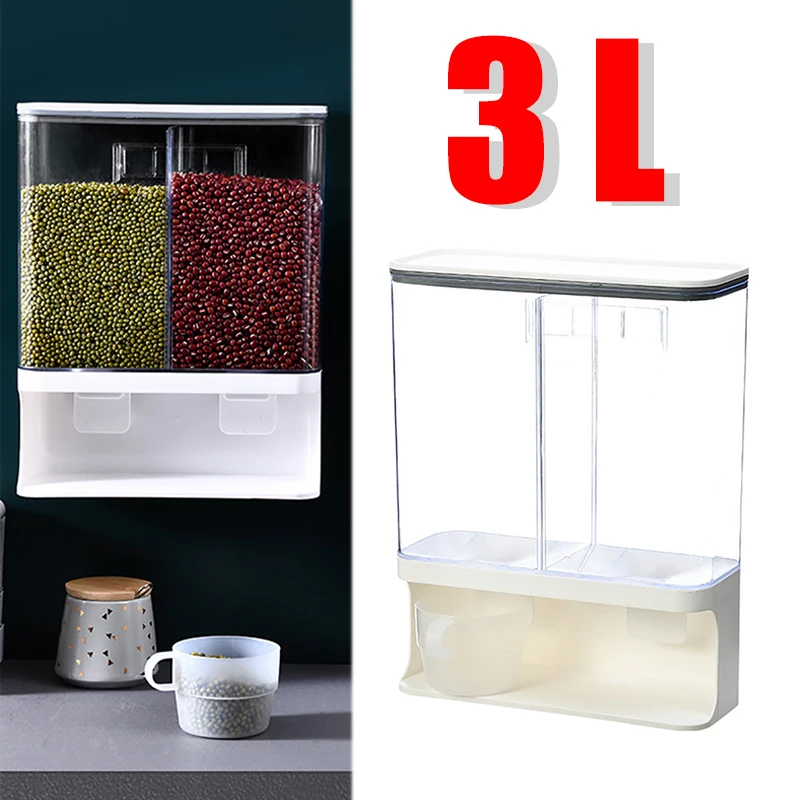 

3L Dry Food Dispenser Kitchen Wall Mounted Whole Grain Oatmeal Sealed Storage Box Hanging Bucket Rice Cereal Tank Food Container