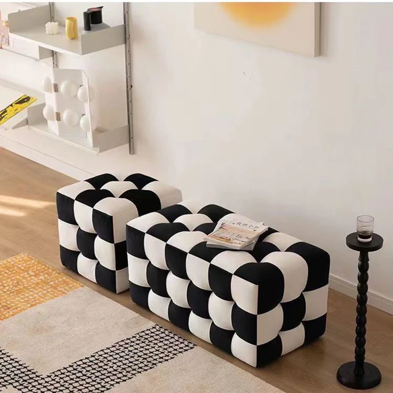 

Checkerboard Chair Cloakroom Fitting Room Makeup Stool Luxury Small Sofa Entry Shoe Stool Shaped Long Nordic Modern Velvet Wood