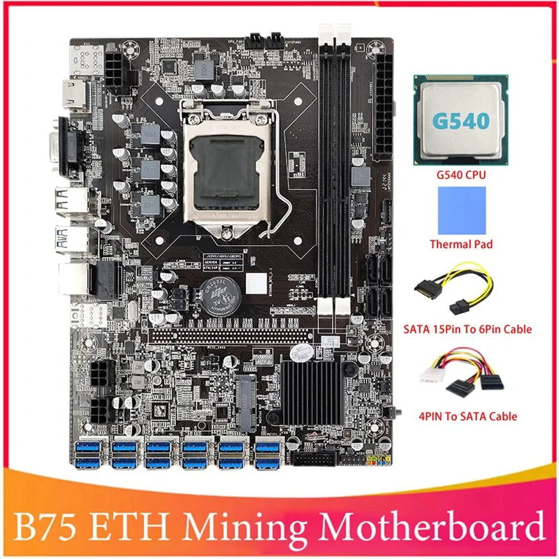 

B75 BTC Mining Motherboard With G540 CPU+4PIN To SATA Cable LGA1155 12 PCIE To USB MSATA DDR3 B75 USB BTC Motherboard