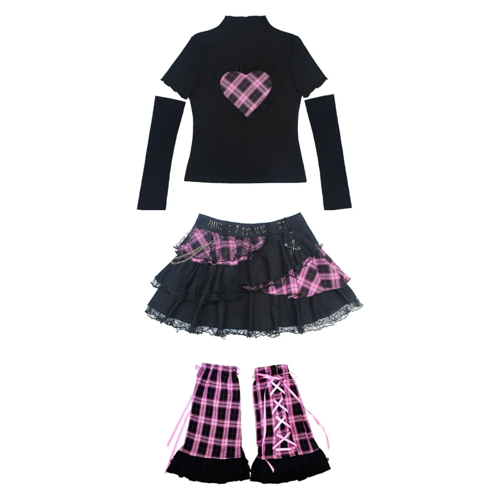 

Harajuku Girls Black Pink Lace Metal Chain Rock Punk 3-Piece Set Skirts Women Gothic Lolita High Waist Cake Mini Skirts Y2K