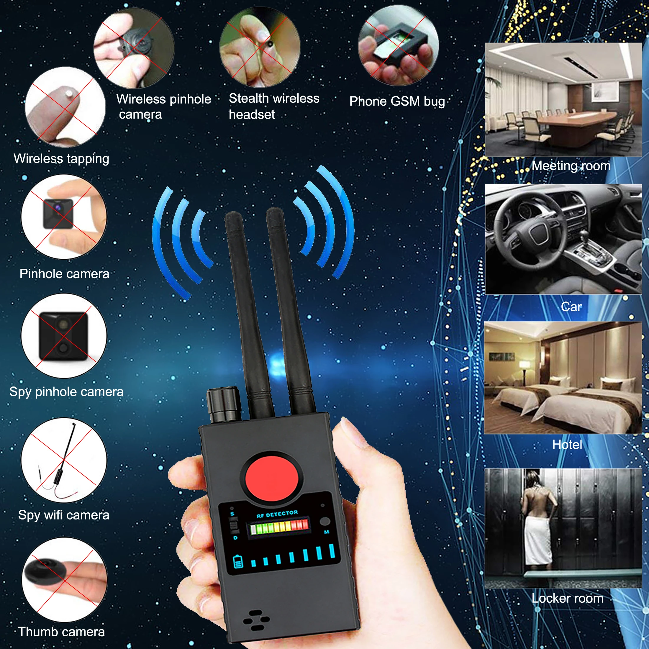 

Anti Spy Camera Detector LED Infrared Scanning RF Signal Detection Wireless Bug Micro Cam GSM GPS Tracker G528