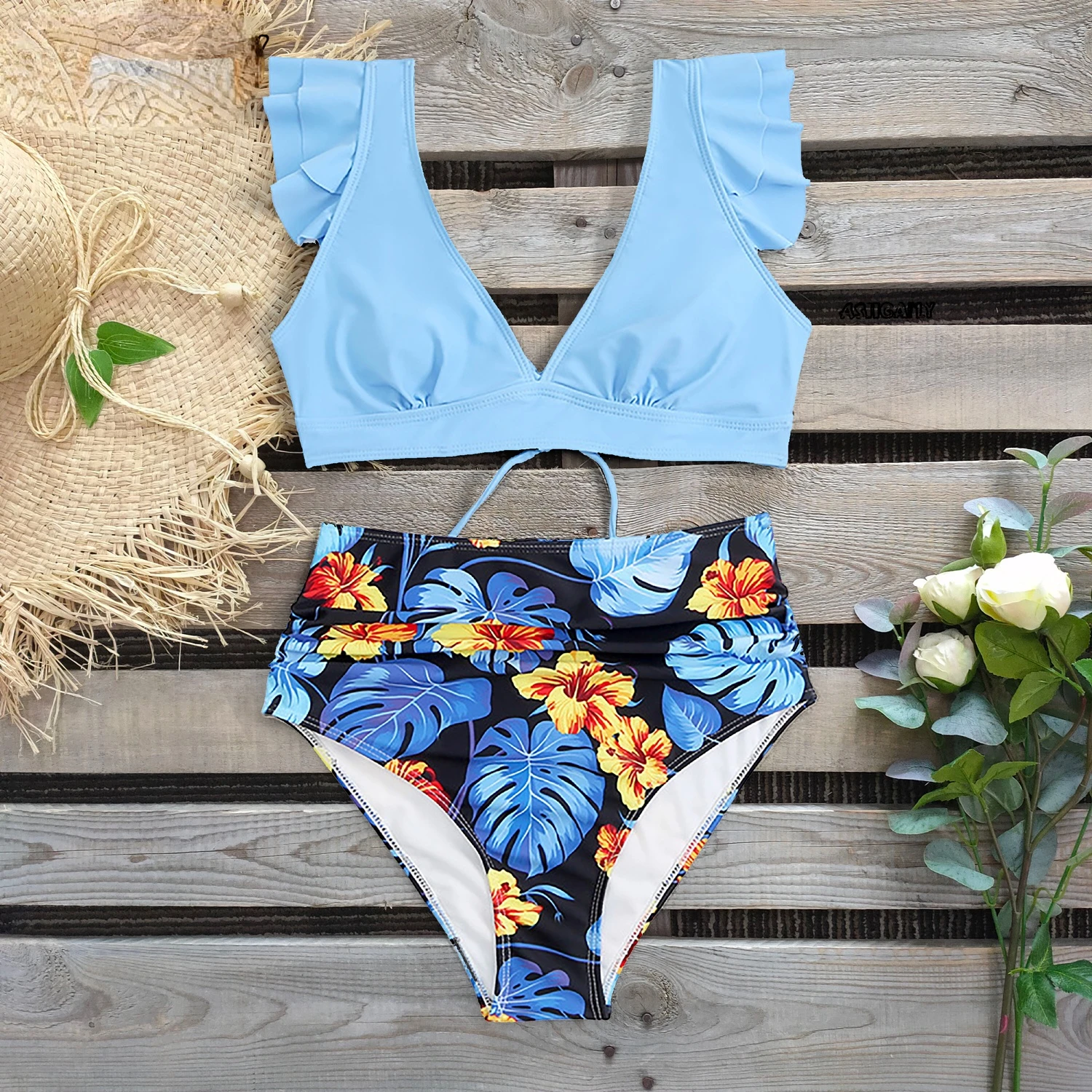 

2022 High Waist Bikini Swimwear Women Swimsuit Print Two Piece Suits Female Push Up V-Cut Bathing Suit Summer Drawstring biquini
