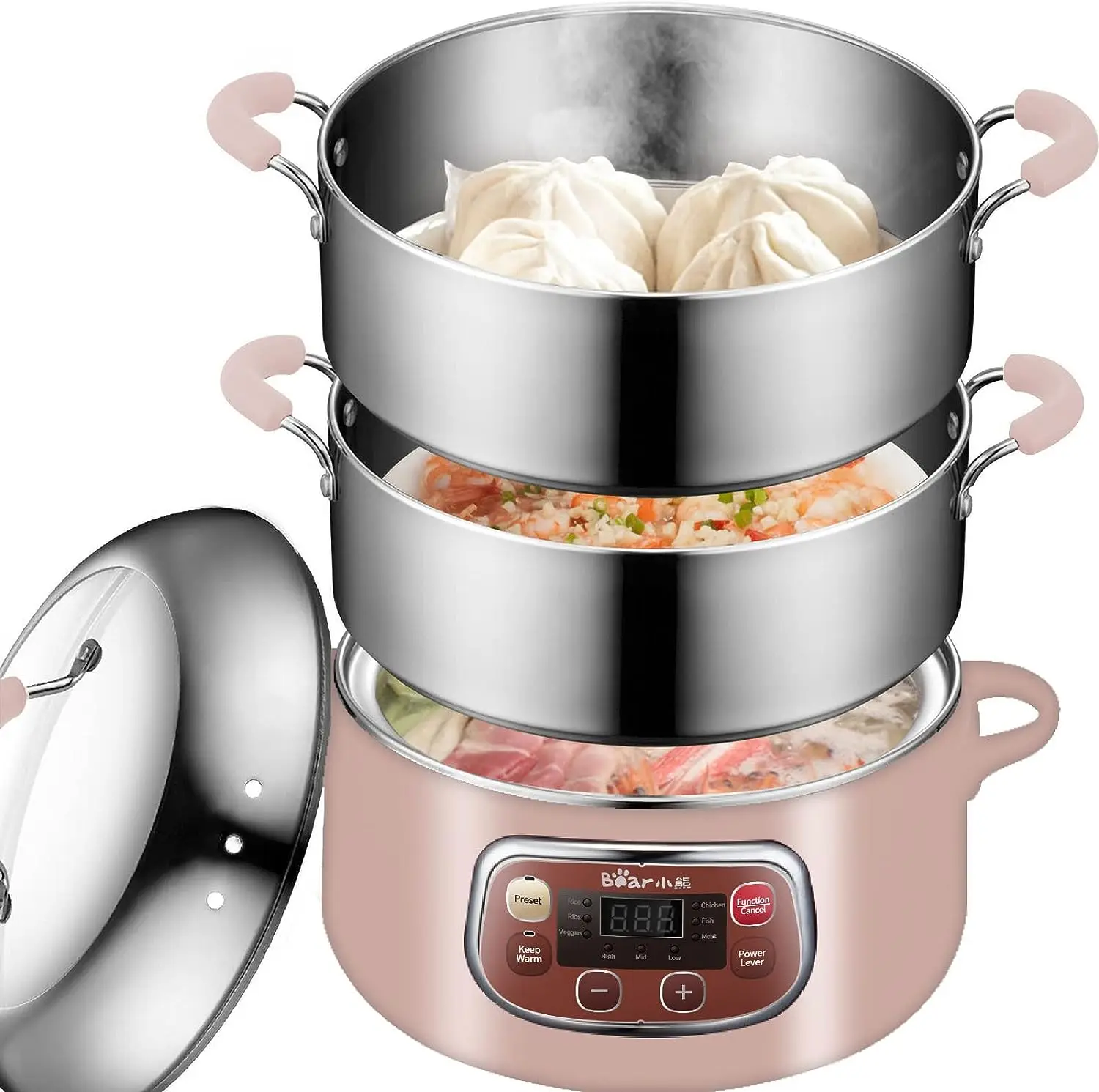 

Multifunctional Food Steamer, One Touch Digital Steamer with Timer, Vegetable Steamer 2 Tiered Stackable Stainless Steel Baskets