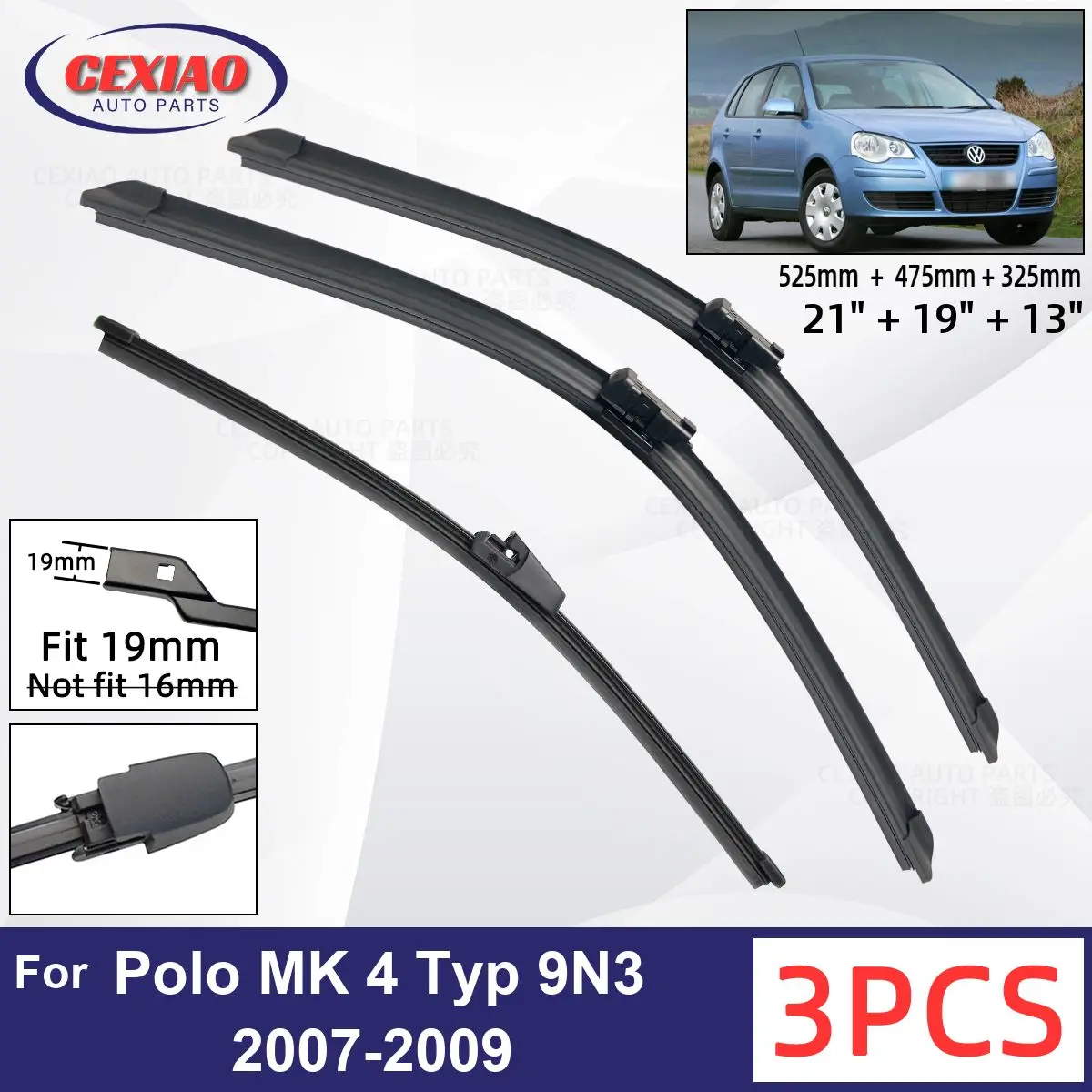 

For VW Polo MK 4 Typ 9N3 2007-2009 Car Front Rear Wiper Blades Soft Rubber Windscreen Wipers Auto Windshield 21"19"13" 2007 2008