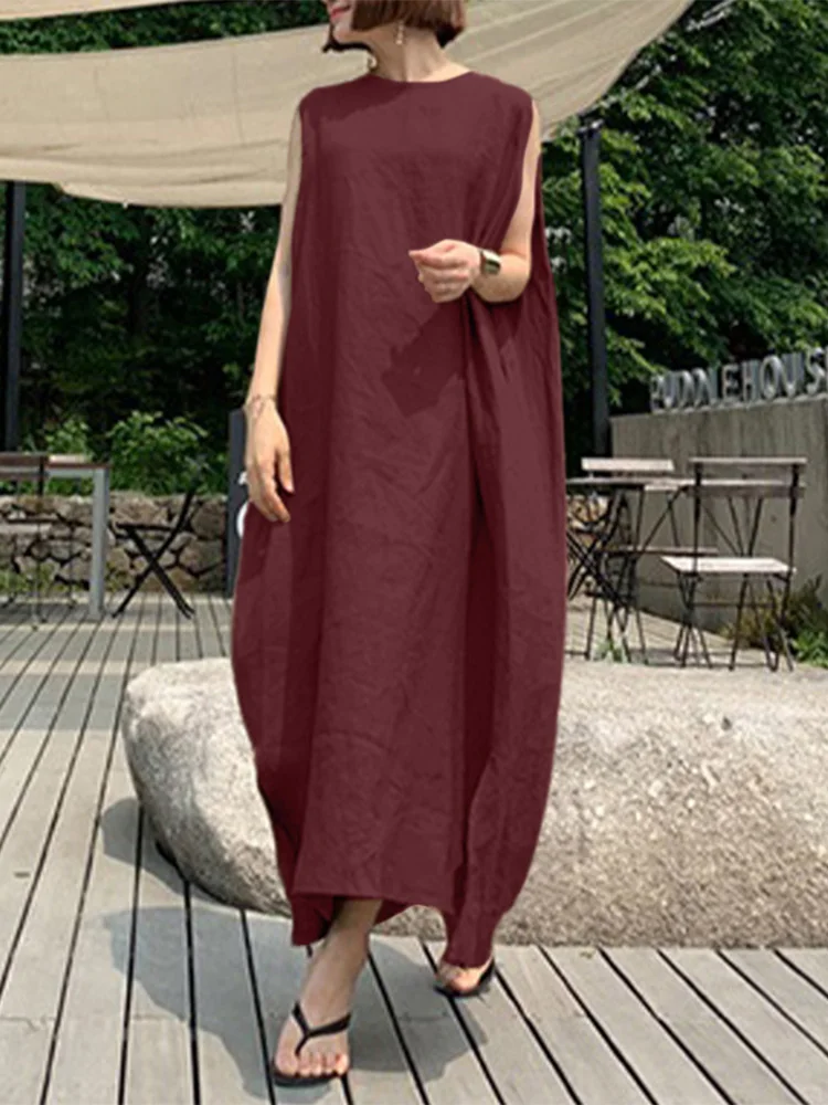 

Женский однотонный свободный сарафан ZANZEA с круглым вырезом, летнее элегантное праздничное пляжное платье, стильное платье без рукавов, свободные платья, кафтан, 2023