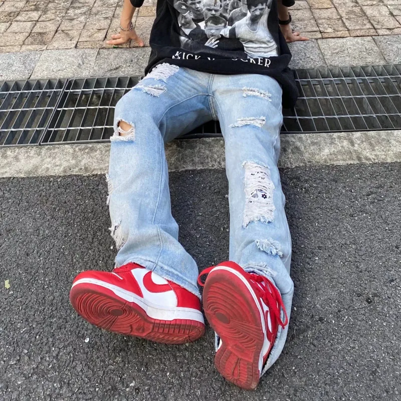Summer Blue Ripped Baggy Jeans Men Fashion Casual Straight Jeans Mens Japanese Streetwear Loose Hip Hop Hole Denim Pants Men