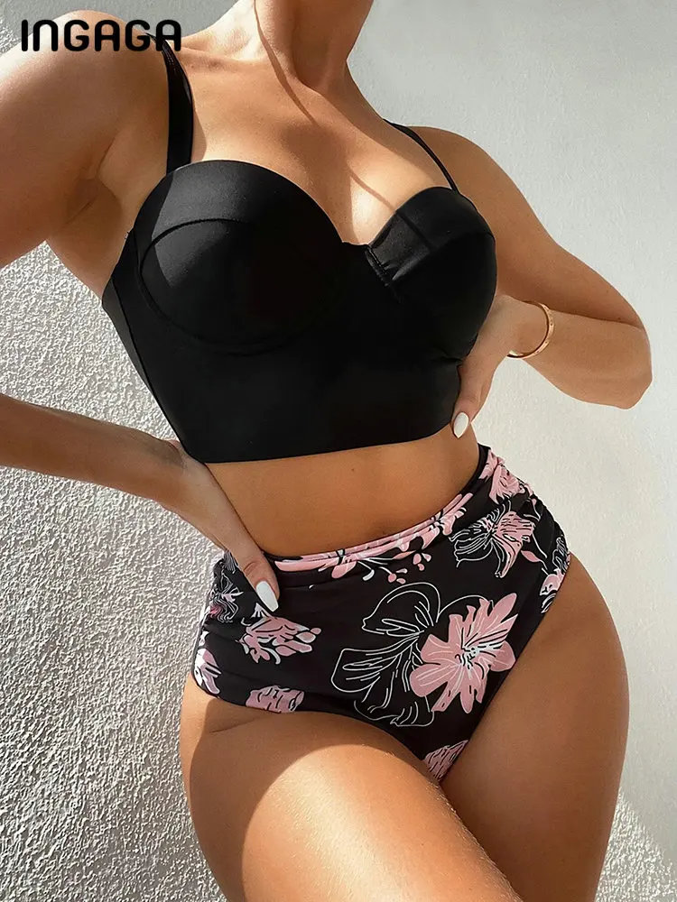 

Бикини INGAGA с высокой талией, 2023, купальники, женский купальник пуш-ап, женский купальный костюм, пляжная одежда, бикини с тропическим принтом...