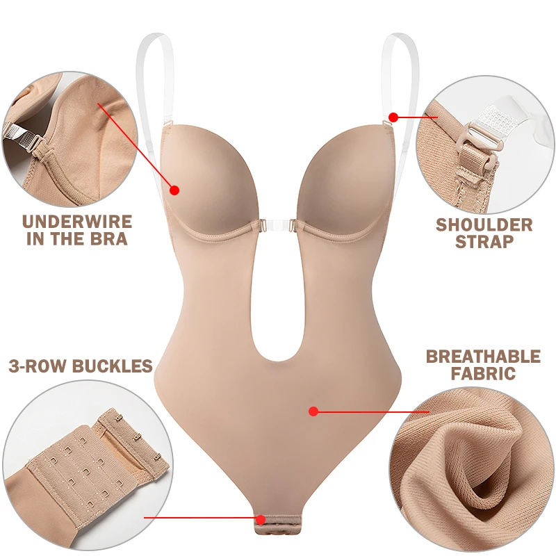 Women Backless Bra Body Shapewear Seamless U Plunge Bodysuit Bridal Thong Shaper Bodysuit Corset for Wedding Slimming Underwear