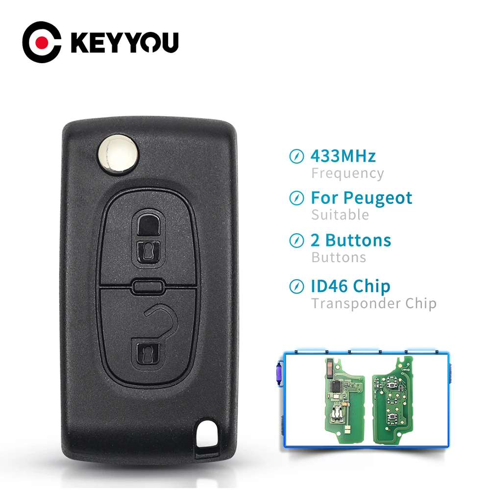 

KEYYOU VA2 Blade 433Mhz ID46 ASK 2 Buttons CE0523/Ce0536 Car Key For Peugeot 207 307 407 208 308 408 607 Partner Remote Key