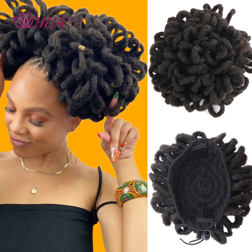 HUAYA Synthetic dreadlocks Puff Ponytail Drawstring Afro Puff Kinky Ponytail Chignon Hair Buns Nu Locs Hair Extensions Hairpiece