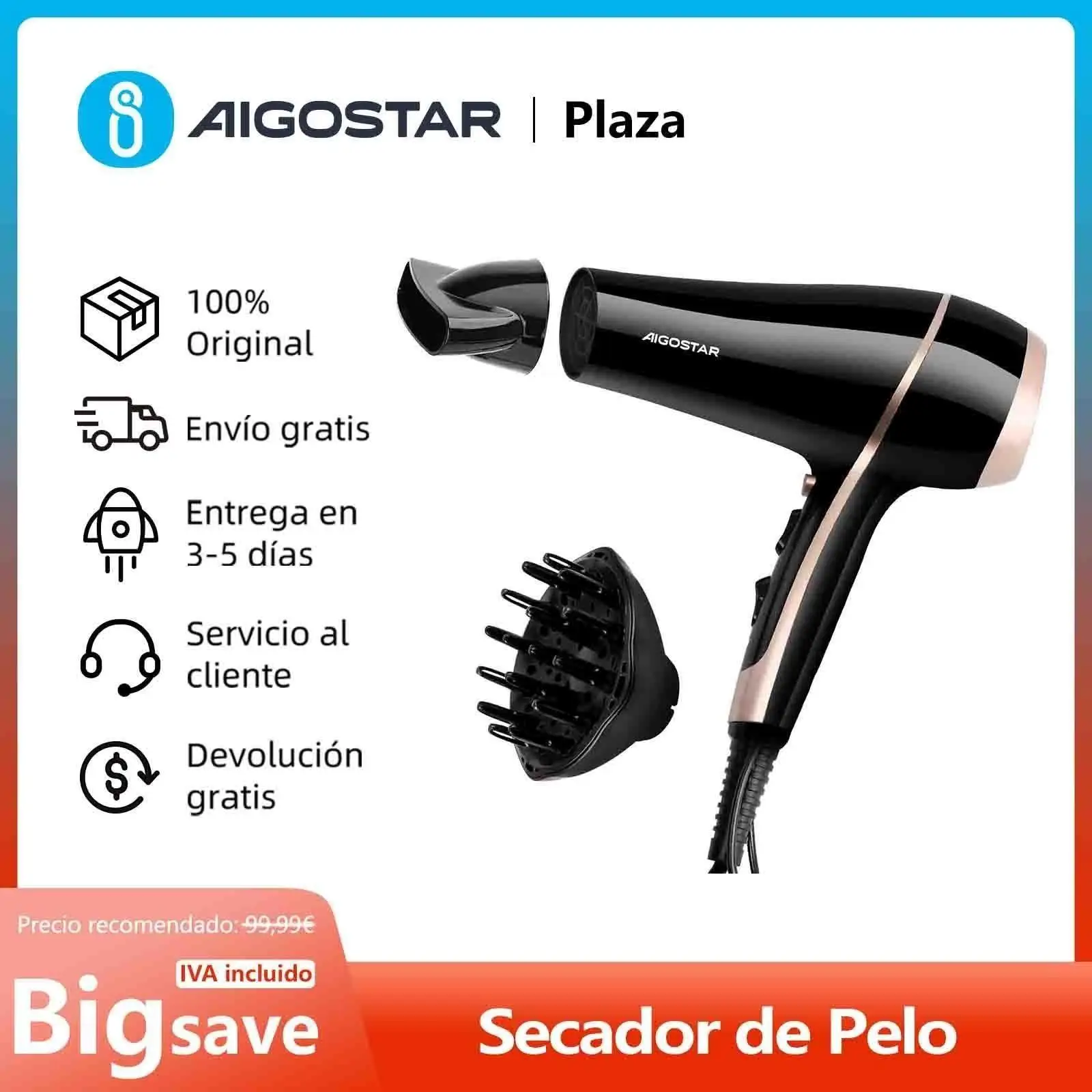 Professional Hair Dryer, Negative Ions, 2 Speeds, 3 Temperature Levels + Cold Air, Diffuser and Concentrator, 2400W
