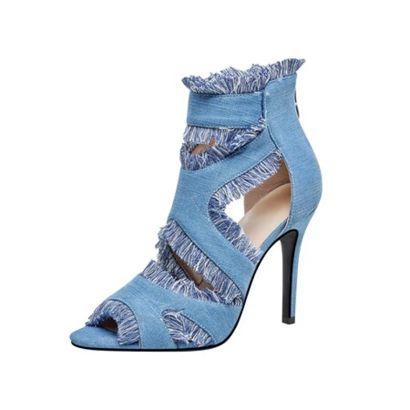 Женские туфли-лодочки с острым носком на тонком каблуке джинсовые туфли молнии