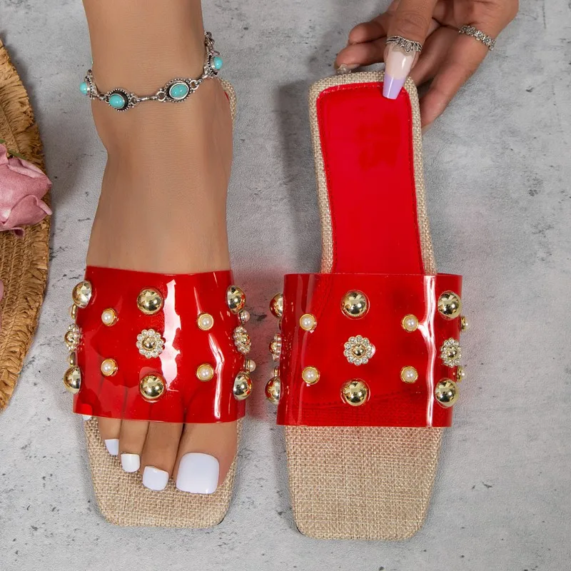 

Red Summer Slippers Rivet Women's Flat Sandals Female Transparent Ladies Slippers Women Shoes Without Heel Mules Fashion Slides