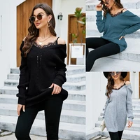 off the shoulder sexy v neck sweater lace paneled mid length pullover