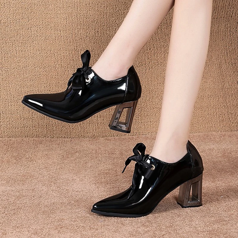 

2020 Spring Women Shoes Pointed Toe Lace Up High Heels Pointed Toe Dres Shoes Patent Leather Bare boots Black botas mujer jk89