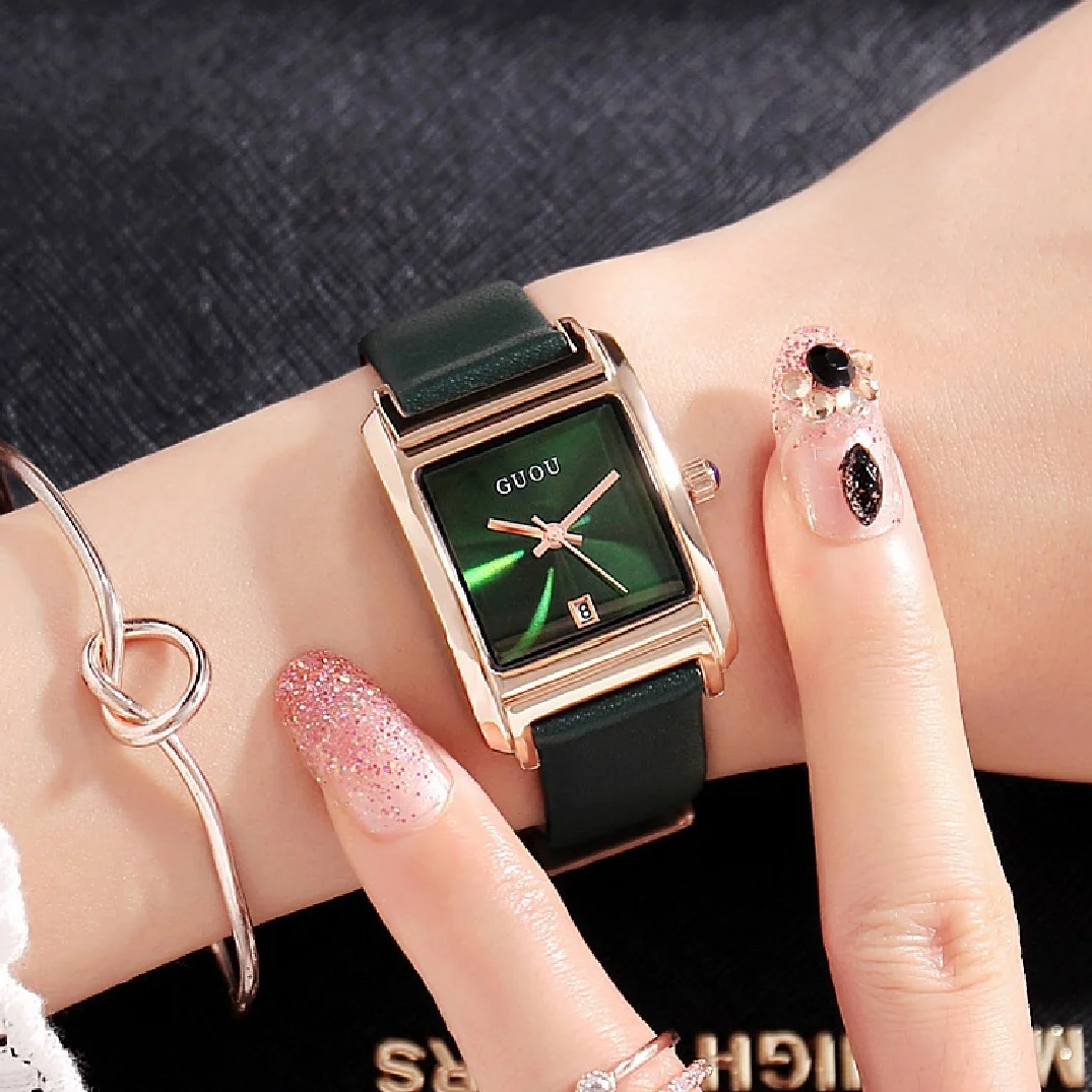 

2018 TOP Guou Brand Fashion Women Square Bracelet Lady Luxury Leather Strap Quartz Wrist Watch Elegant Female Waterproof Clock