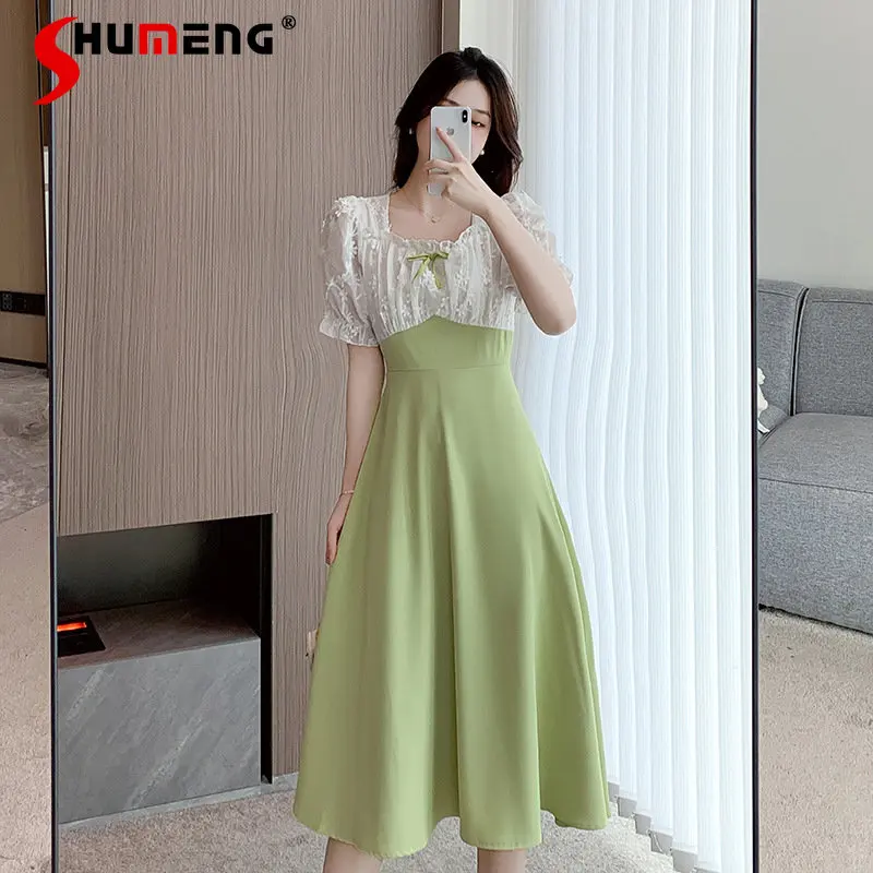 2023 Summer New Lace Stitching Short Sleeve Long Dress  French Retro Green Slimming Square Collar Gentle Maxi Dress for Women