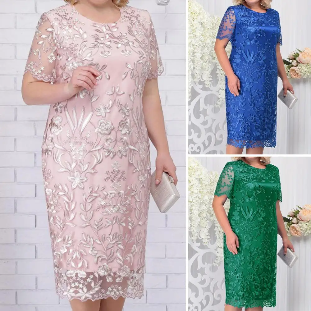 

Women Dress Lady Party Dress Elegant Lady Midi Prom Party Dress with Flower Embroidery Double Layers Lace Plus Size Short Sleeve